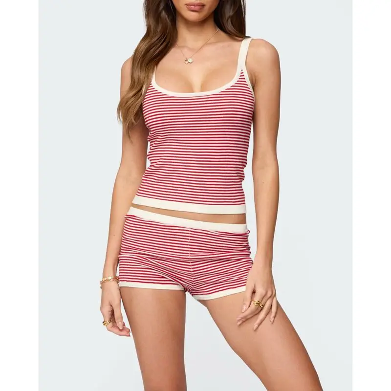 

Combhasaki Women Summer 2Piece Striped Loungewear Outfits Set Sleeveless Square Neck Cami Tank Tops + Elastic Low Waist Shorts