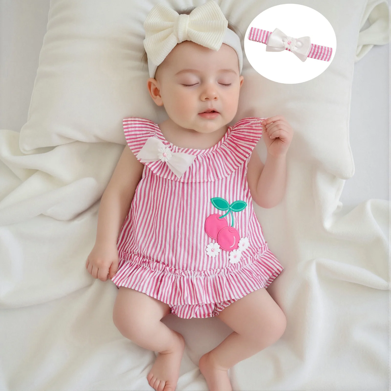 

Baby Girl Summer Outfit Cherry Flower Embroidery Striped Ruffled Crew Neck Tops Shorts Headband Newborn Clothes Set