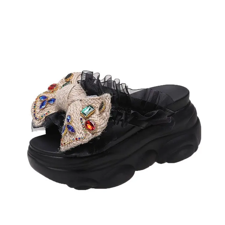 

Punk Style Colorful Rhinestone Bow High Heel Sandals Retro Wedge Heel Thick Sole Heightening Slippers Outdoor Beach Sandals