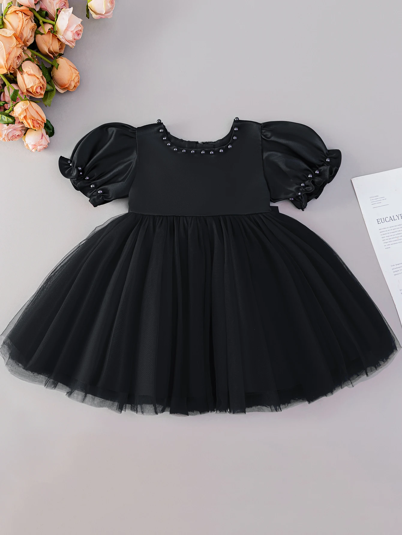 

Floral Baby Girls Wholesale Satin Bow Flower Baby Girl Black Dress Party Tulle Luxury High Quality Wedding Fancy