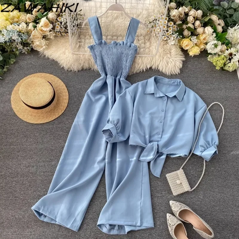 Elegante Tweedelige Set Dames Geplooide Hemdje Jumpsuit Met Wijde Pijpen Opstaande Hals Damesshirt Met Korte Mouwen Office Lady Ropa Mujer