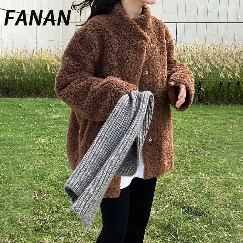 

FANAN Elegant Lamb's Wool Coats For Women Stand Neck Single Breasted Long Sleeve Thick Warm Jackets Fashion 2025 Winter New