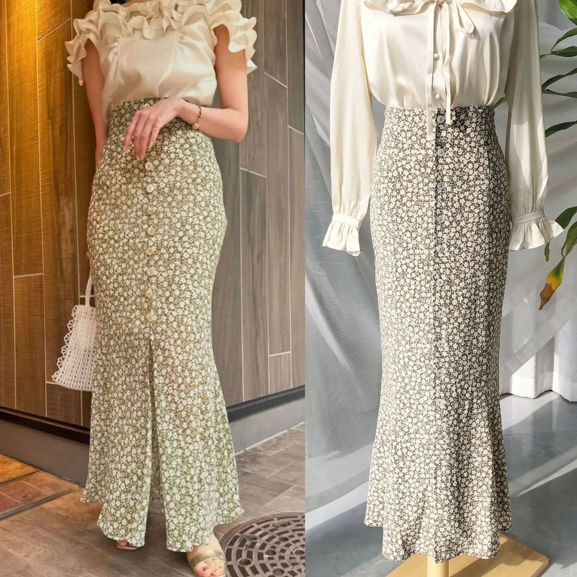 

Light Green Chrysanthemum · French Lazy Style Slim and Thin High Waist Strap Silk Fishtail Skirt