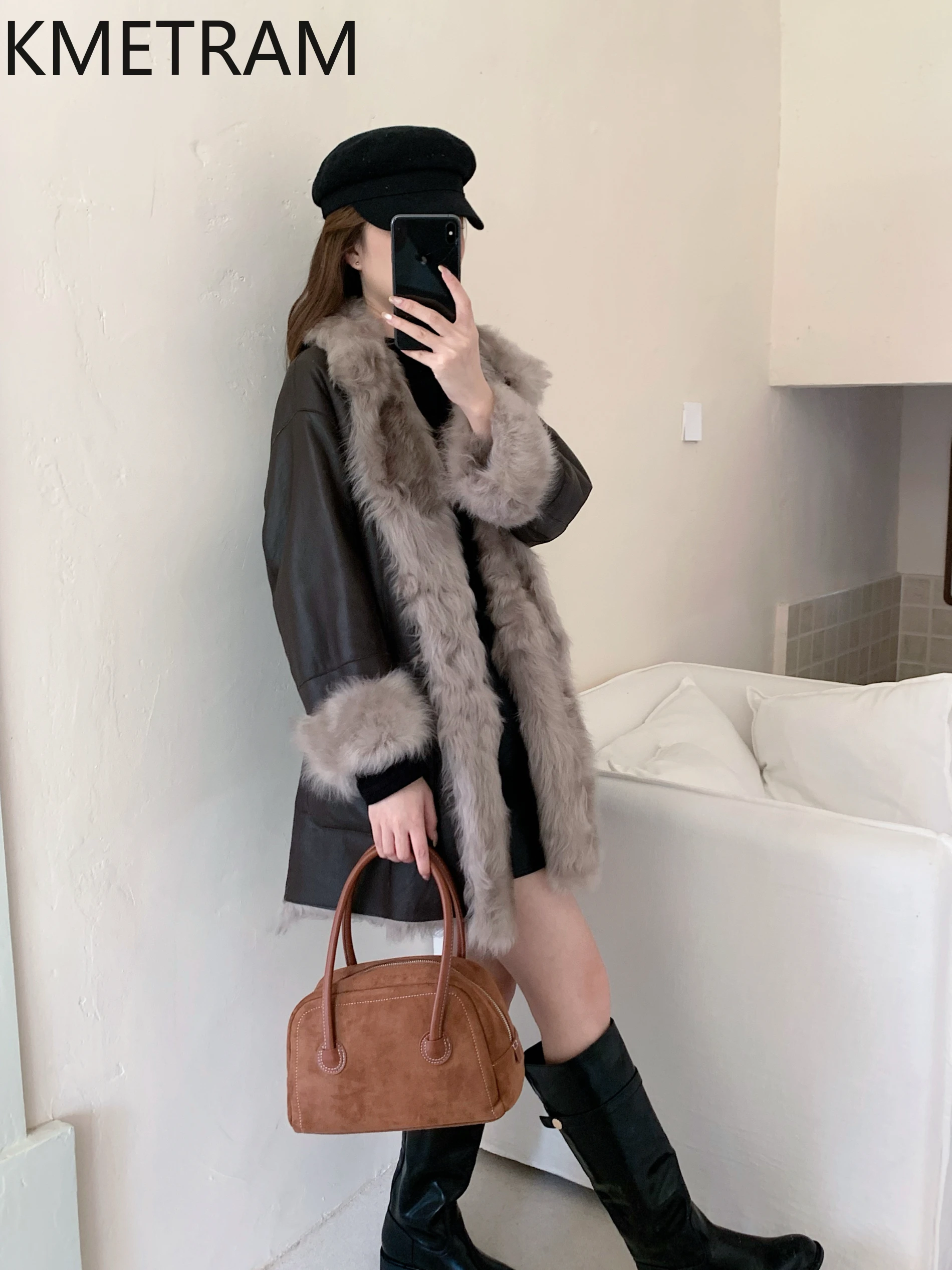 KMETRAM Naturalna Wełna Skóra Owcza Dwustronny Płaszcz z Futra Damski Średniej Długości Dwustronny Płaszcz z Prawdziwego Futra Zimowe Ubrania 2025 Fourrure