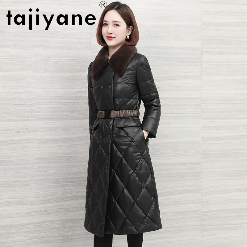 TAJIYANE 100 % Echtes Schaffell Daunenmantel Frau Echtes Leder Lange Schlanke Pufferjacke mit Nerz Pelzkragen 2025 Winterkleidung