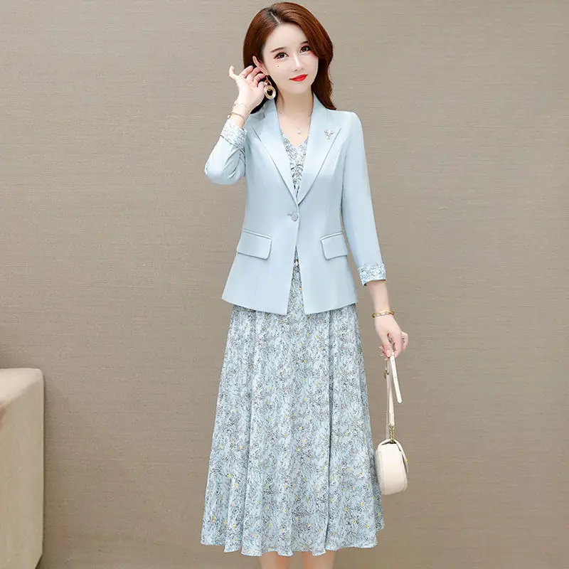 Women's Dress Set 2023 Spring Summer New Fashion Floral Suit Jacket+chiffon Skirt Two-piece Korean Casual Blazers Matching Sets