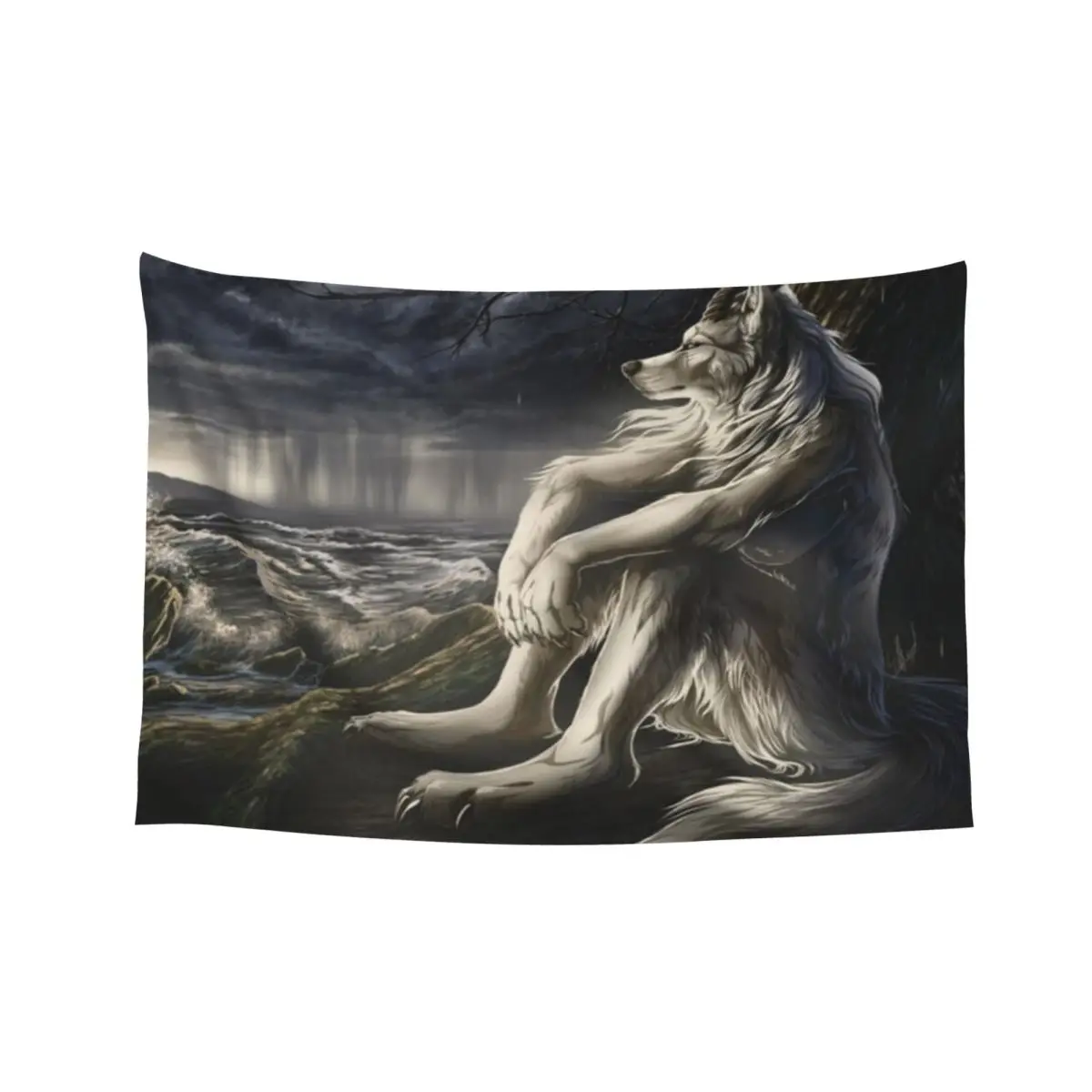 

emo white wolf sitting sad meme Tapestry Aesthetic Room Decoration Wall Decoration Room Decor For Girls Tapestry