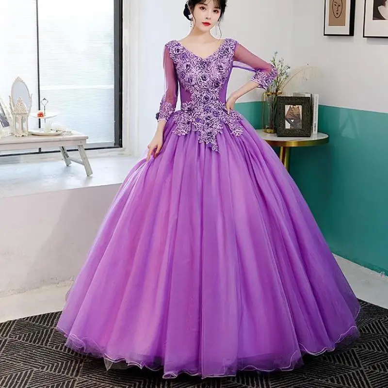 

Классические платья Quinceañera с v-образным вырезом и иллюзорными рукавами, элегантное бальное платье из тюля с кружевной аппликацией, 2024, новые длинные платья для выпускного вечера
