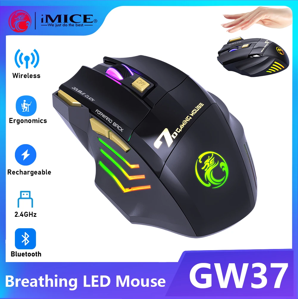 ワイヤレスゲーミングマウス USB 3200DPI デュアルモード充電式 7 キー 2.4 グラム Bluetooth サイレントマウス人間工学に基づいた呼吸 LED E スポーツマウス