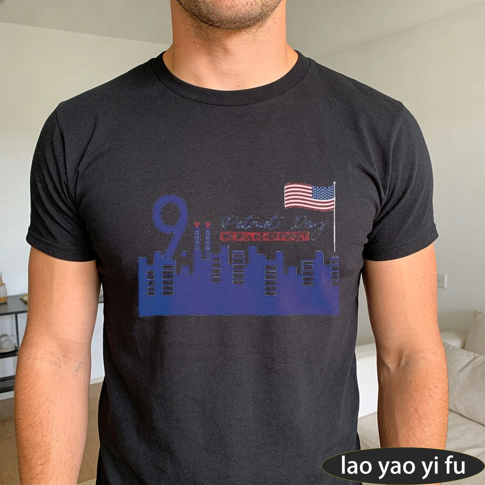 Patriot Day We Will Never Forget 9.11 City Skyline Mini Flag Graphic Print Men Cotton T Shirt Memorial Casual Street Tees Tops - view 6
