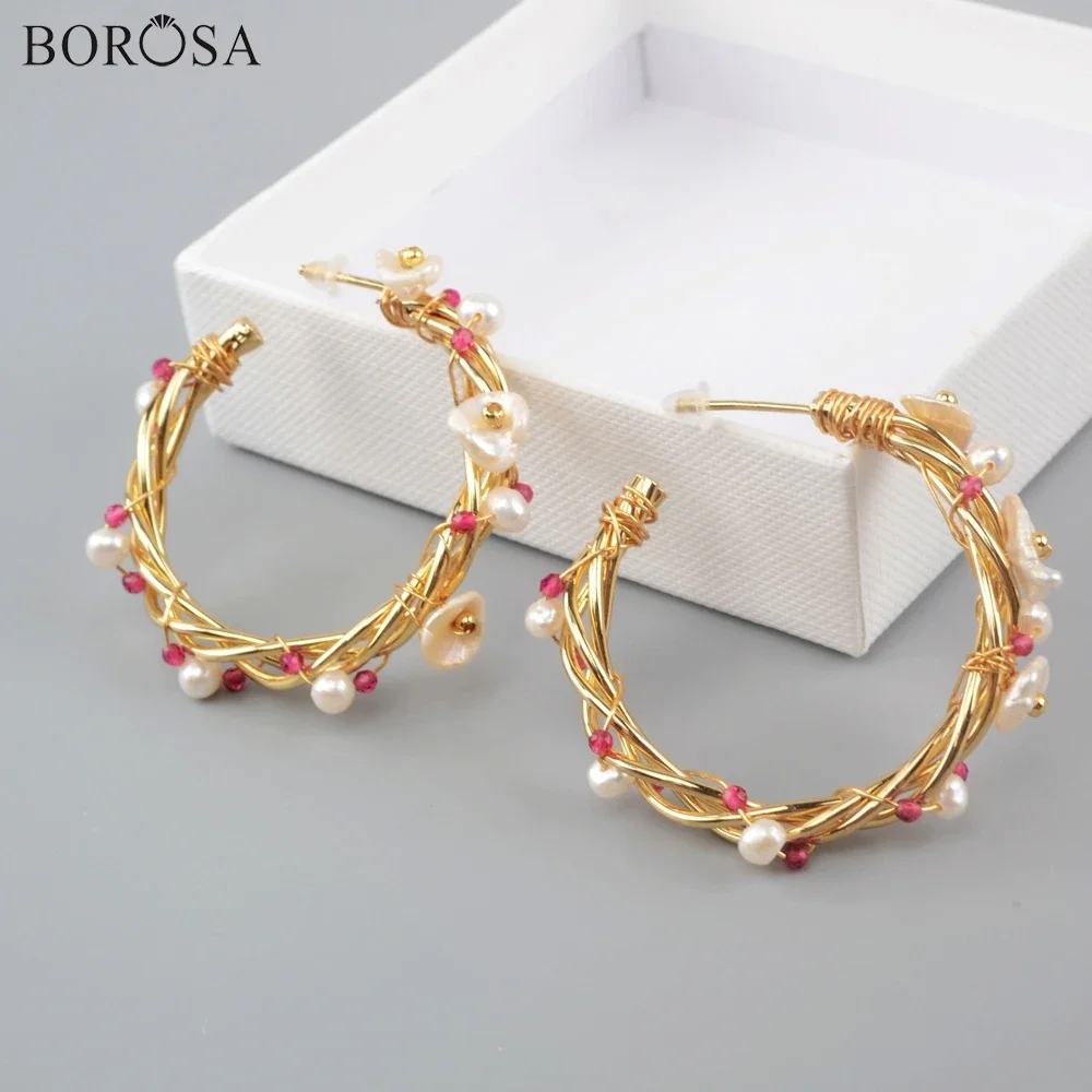 

BOROSA Handmade Wire Wrapped Pearl Hoop Earrings Golden Plated Irregular Drop Earring Christmas Jewelry for Women Promise Gifts