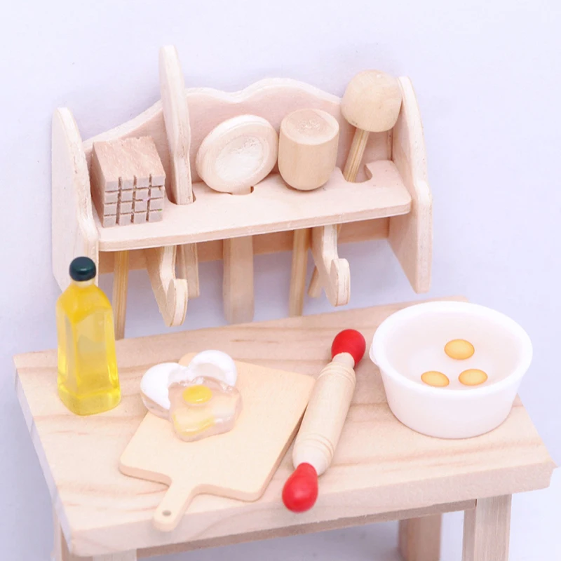 1Set Dollhouse Miniature Cookware Rolling Pin Spoon With Storage Rack Kitchen Utensils Model Doll House Decor Accessories