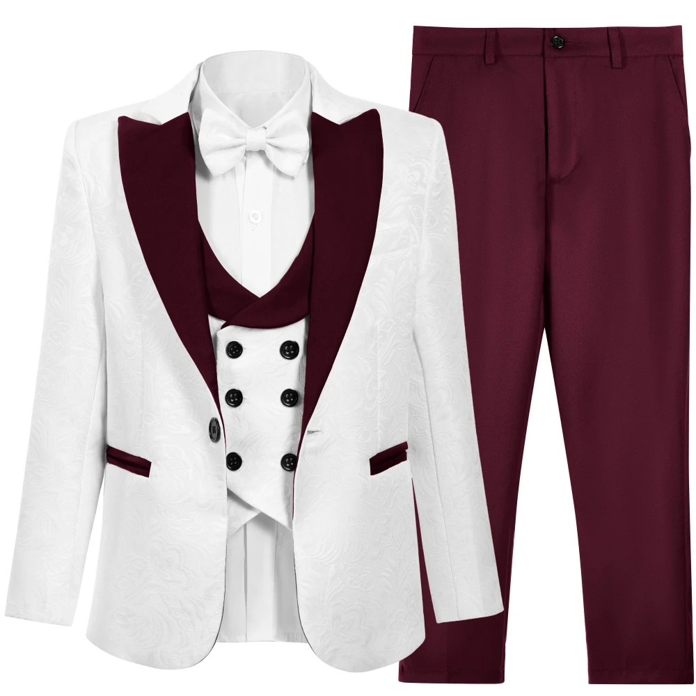 

Wine Red Comfortable Boys Elastic Waist Suits Formal Wedding Ring Bearer Outfit Kids Suit Set Popular Handsome 4 Pieces Tuxedo