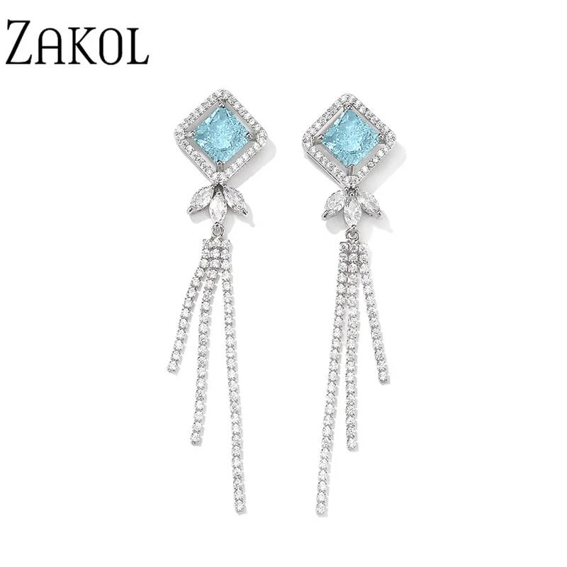 ZAKOL New Luxury Light Blue Square Zircon Long Tassel Drop Earring for Women Fashion Leaf Wedding Engagement Jewelry