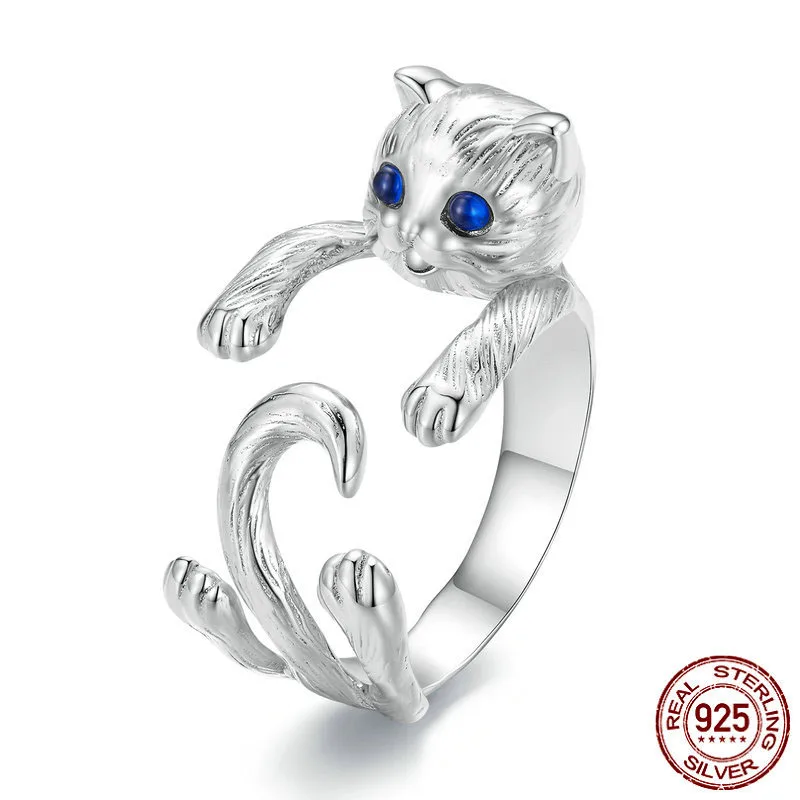 

S925 Silver Cat Holding Open Ring Plated with White Gold Spinal Crystal Cute Cat Ring Handpiece Original Jewelry