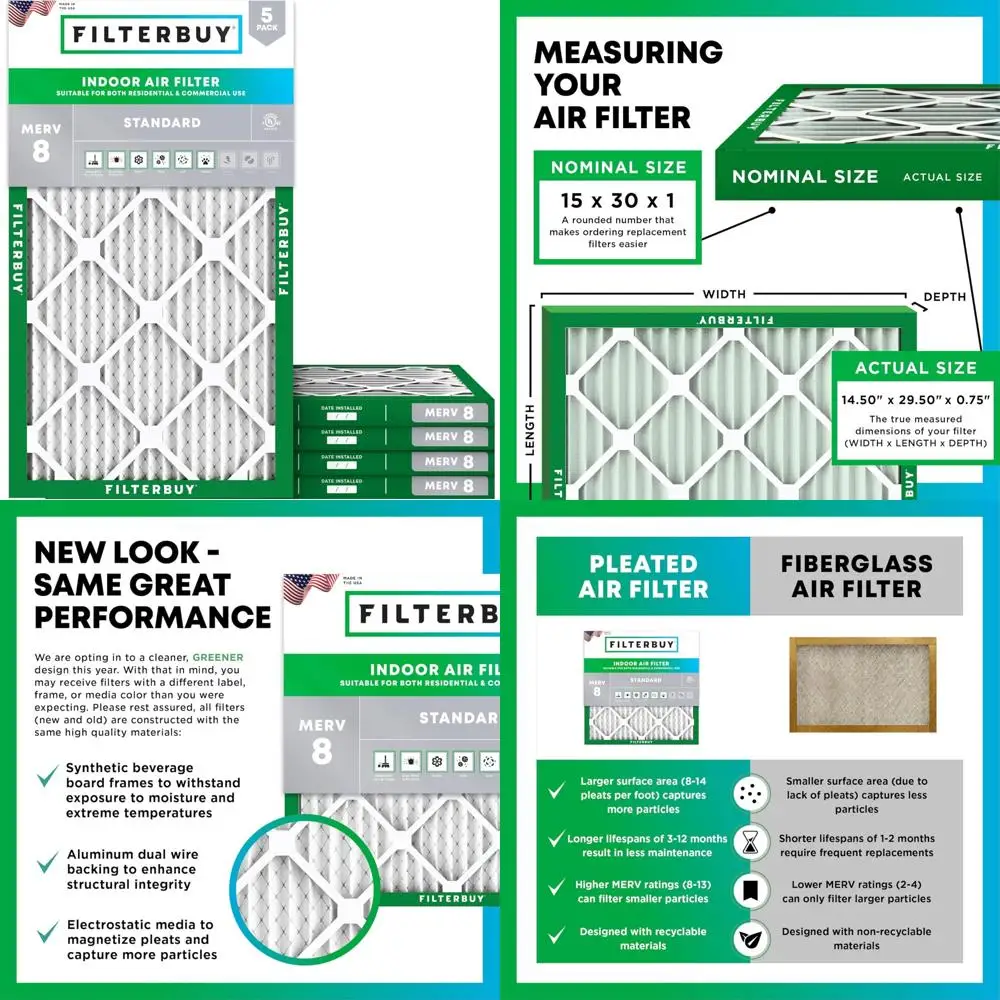 

Dust Defense HVAC AC Furnace Filters - 5 Pack 15x30x1 MERV 8 Pleated Air Filters for Home