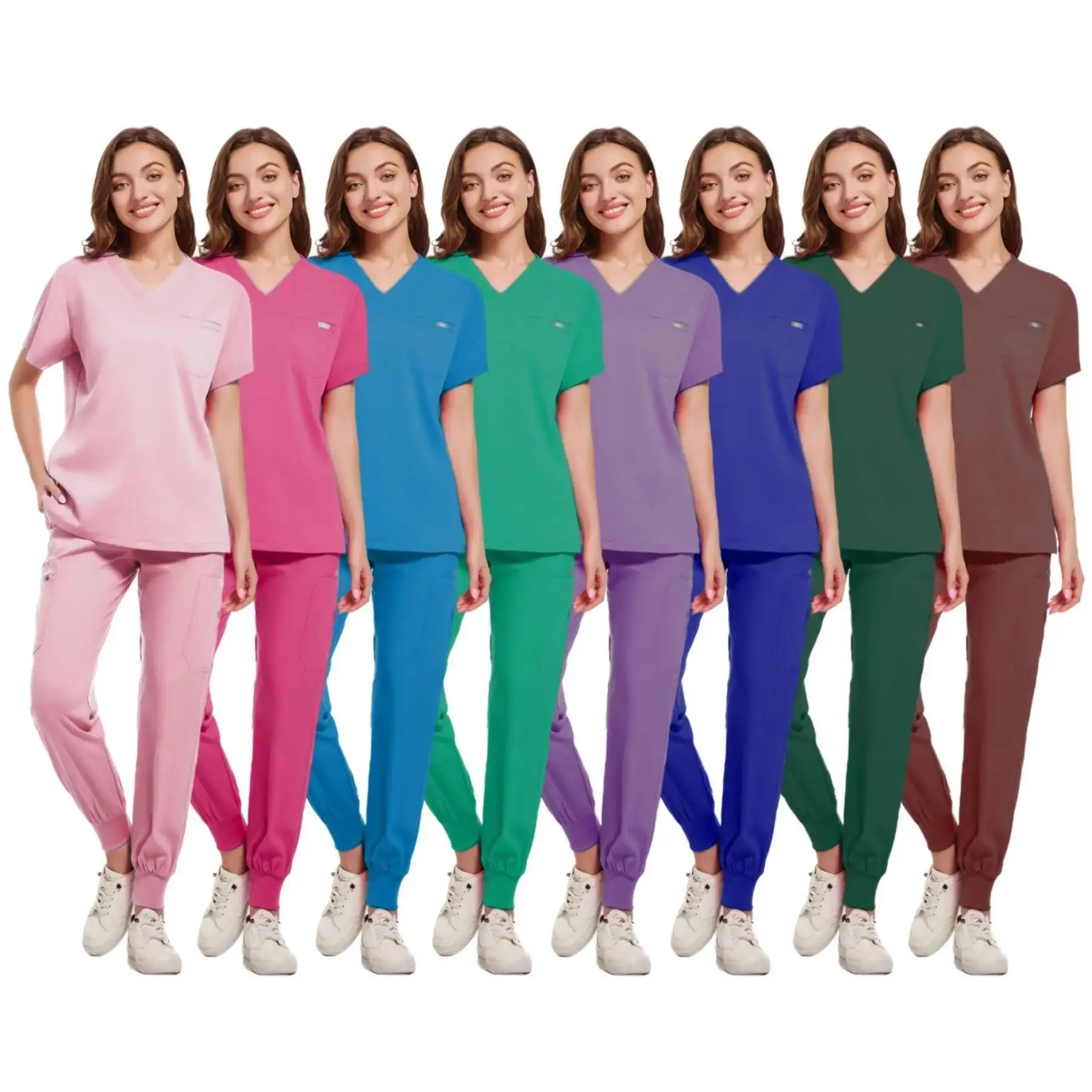 

Scrubs Suit Short Sleeve V-Neck Tops+Jogger Pants Set Nursing Uniform Women Multicolor Pet Doctor Scrub Medical Workwear