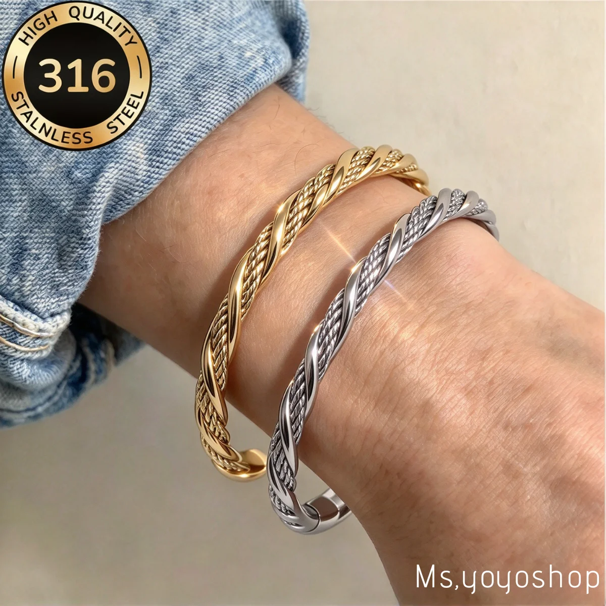 316L Stainless Steel Twisted Bangles For Women Man C-Shape Goth Cuff Open Trendy Bracelet Waterproof Jewelry Gifts Party Wear