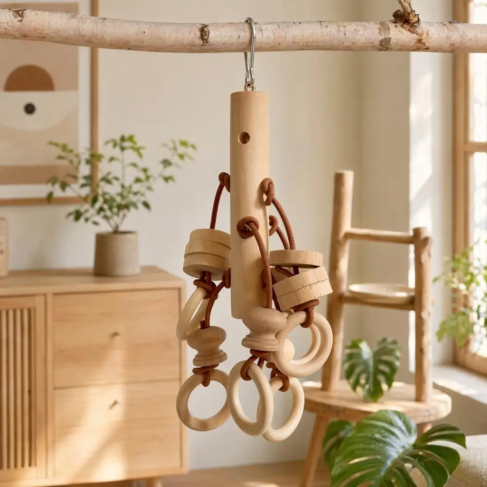 Safe Parrot Toy Wood Blocks Parrot Chew Toy with Wooden Rings Hanging Bird Cage Accessory for Parakeet Conure Cockatiel view 6