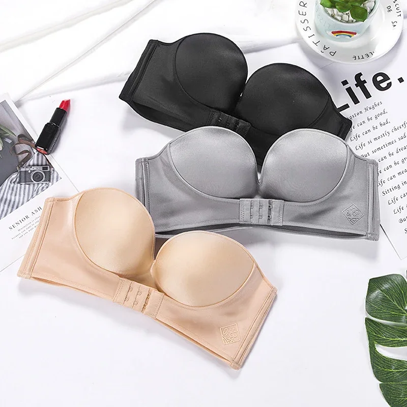 

One Piece Strapless Women's Bra with Front Button Closure for Comfortable Breathable Traceless Bras Lencería Cómoda De Realce