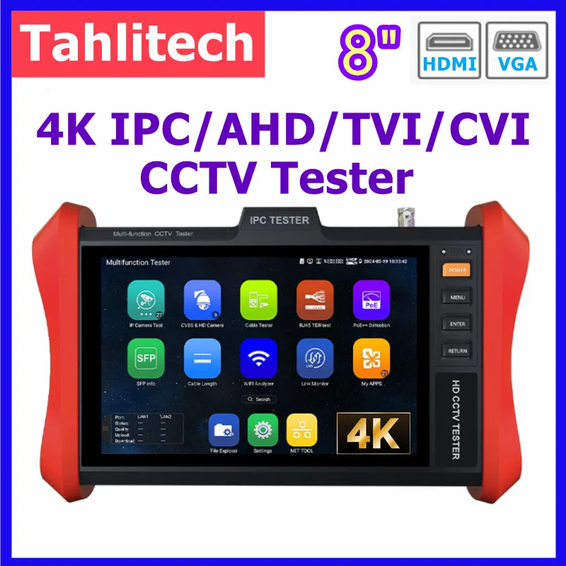 

Tahlitech 8" IPC Tester Monitor 4K H.265 IP 8MP AHD/TVI/CVI CCTV Camera Tester POE++ 90W SFP HDMI & VGA input Cable Teste