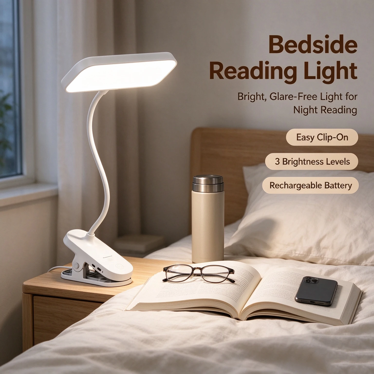 LED Clip Desk Lamp Touch 3 Gears Dimmable, Rechargeable USB Dual Use Reading Light Portable Lamp for Bedroom Dorm Study Room