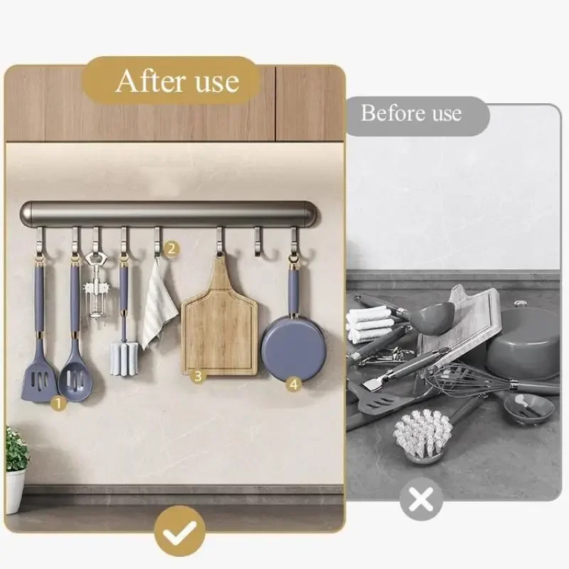 Picture 5: Kitchen Hook Holder Punch-Free Hanging Rod Wall-Mounted Storage Rack Spatula Spoon Hanger Removable Space Aluminum Hook Hangers