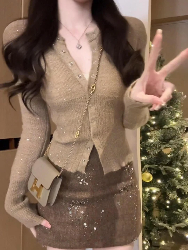 

Khaki Knitted Sweater Women's Slim Fit Waist Cinched Versatile Soft Cozy Commute Sweater Korean Sle Long Sve High Collar