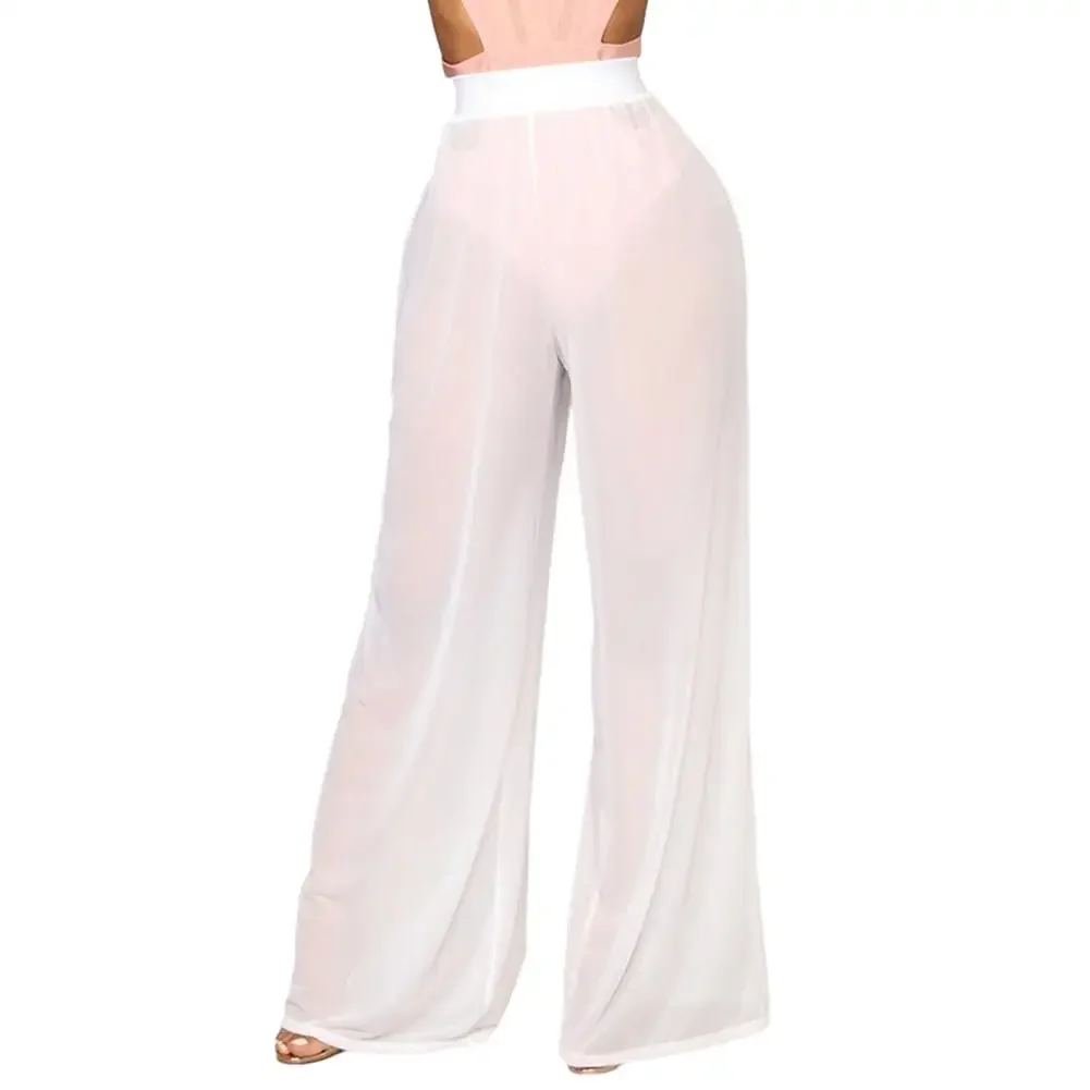 Hose mit hoher Taille, durchsichtig, weich, dynamisch, elastisch, lang, locker, aus Mesh, Polyester, einfarbig, transparent, für den Strand – Detail 9