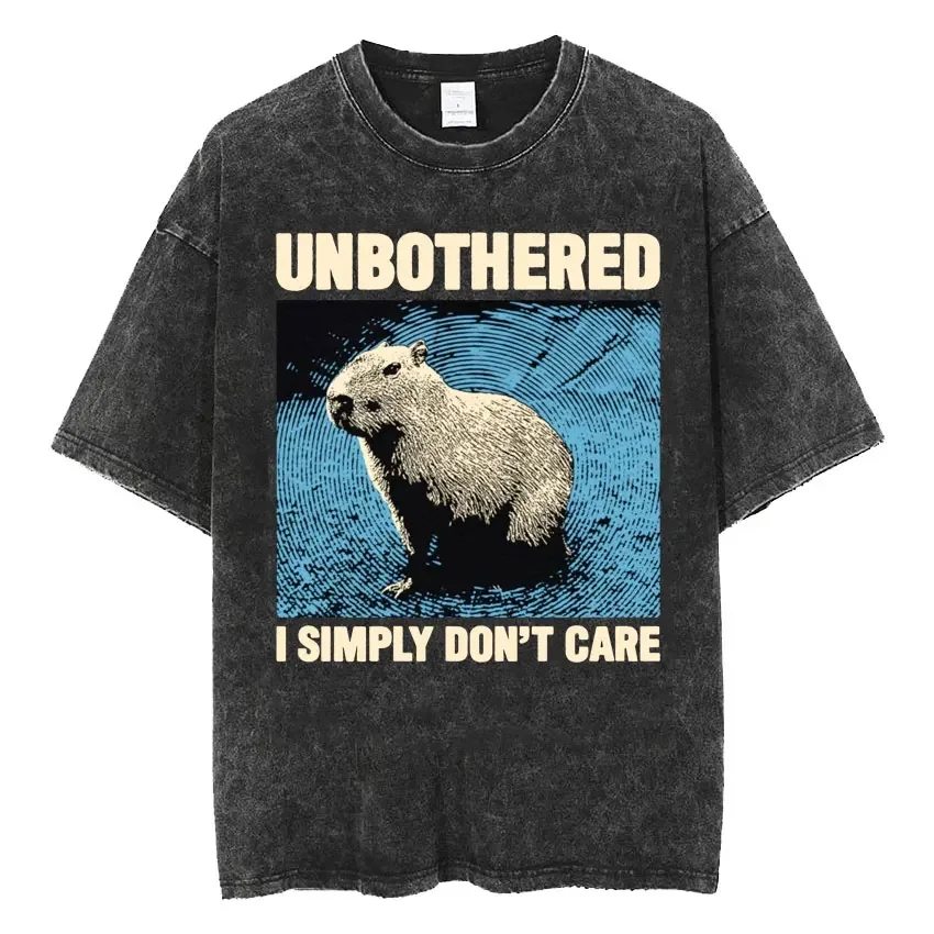Amare Box No Thoughts Head Empty Japanese T-shirt Funny Capybara Raccoon Vintage Washed T Shirt Men Women Casual Cotton Tees