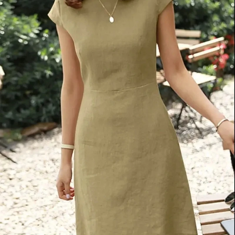 2025 Lente Katoen Linnen Damesjurken O-hals Korte Mouw A-lijn Casual Jurken Vrouwelijke Trendy Mode Losse Kleding Dames