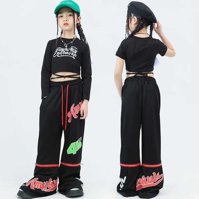 키즈 힙합 의류 레이스 업 자르기 탑 긴 소매 티셔츠 검은 글자 스트리트 플레어 바지 소녀 재즈 댄스 의상 옷