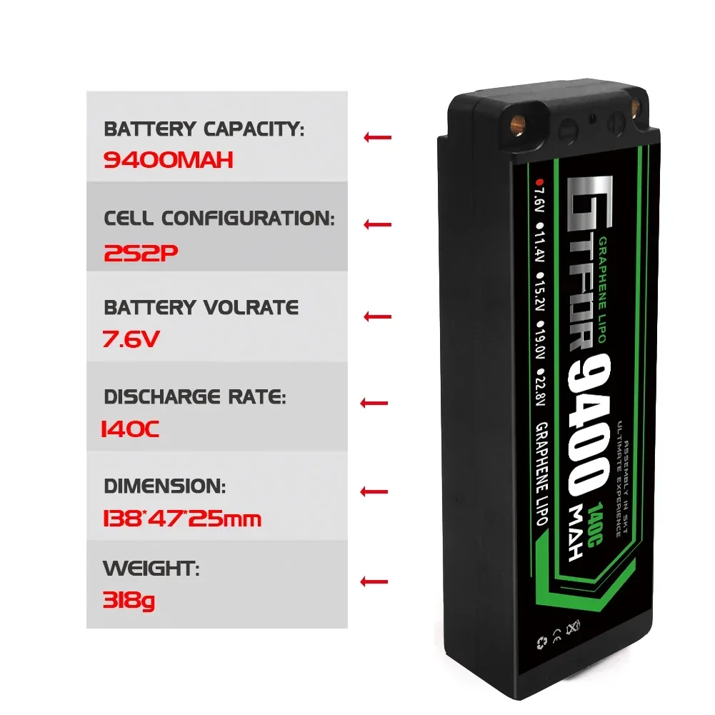 DXF 2s lipo high quality 9400mah 7.6v 140c battery with JR connector ideal lipo power source for RC cars nitro cars and servos