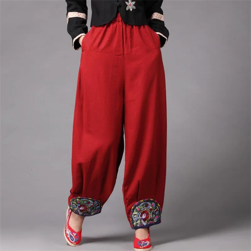 

Women's Baggy Linen Wide Leg Trousers Casual Patchwark Elastic Waist Harem Pants Ethnic Embroidery Palazzo Trouser With Pocket