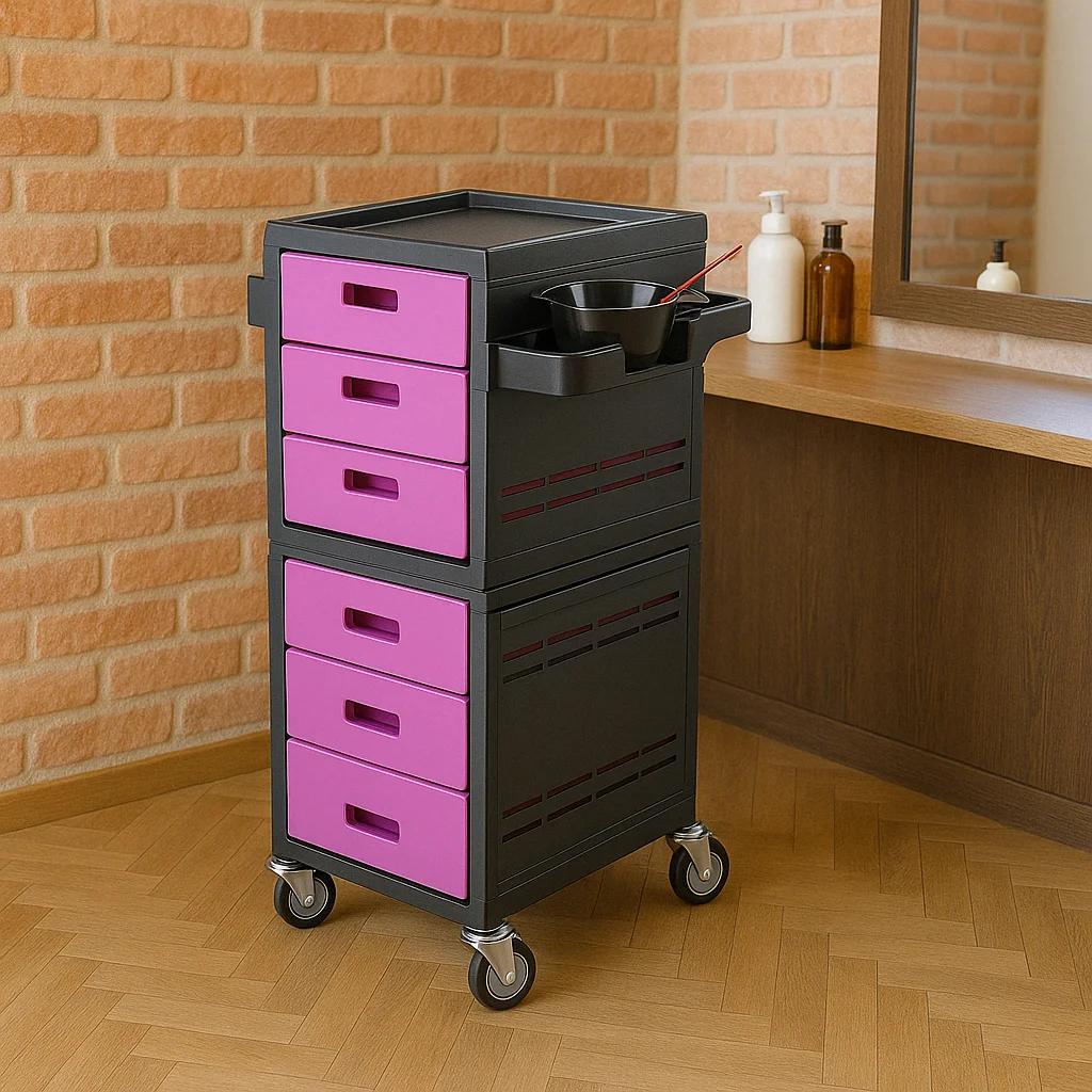 Double-Layer Salon Trolley Cart with 8 Drawers and Tool Holders, Rolling Hairdresser Storage Cabinet for Beauty Spa Use