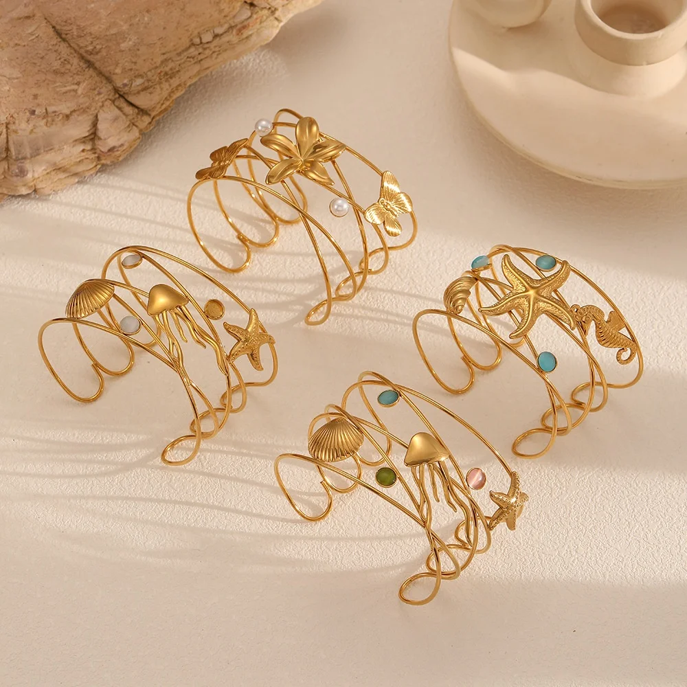 

Wholesale Stainless Steel Wide Open Bangle Titanium Starfish/Jellyfish/Shell/Butterfly Cuff Bracelet Waterproof Layer Jewellery
