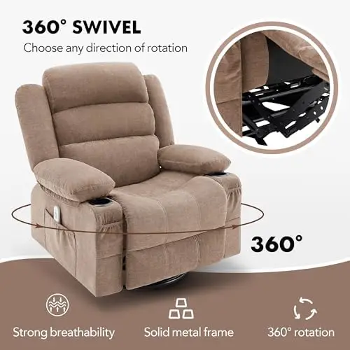Rocker Recliner Chair with Heat & Massage, 360° Swivel, Oversized Single Sofa Seat (Brown)