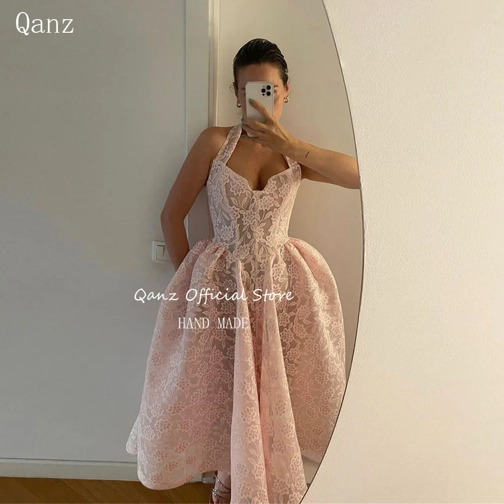 Qanz Fancy Lace Evening Dresses Tea Length Pink Lace Flowerls Prom Dresses Luxury Gowns Tea Length 2024 Dresses Women Customized