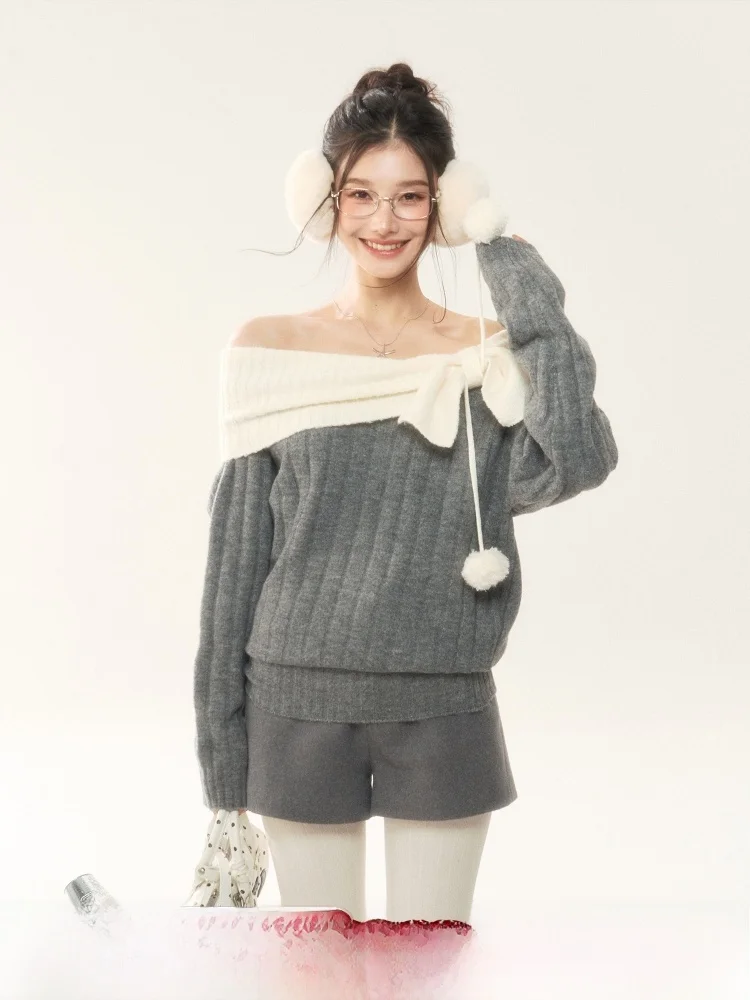 

ELEVEN SP Winter oulder Bared Knitwear Long Sve Women's Sle Korean Knot Top Commute Loose Fit Warmth