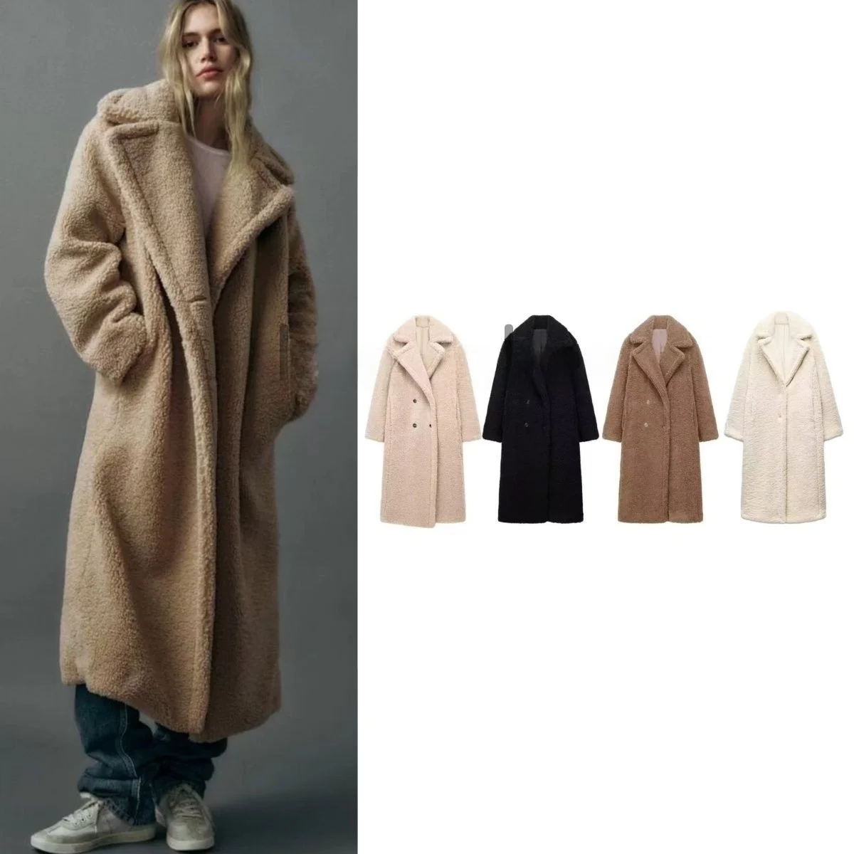 

Loose Long Sve Fce Lined Coat Double Breasted Turn down Collar Outerwear for Women Winter New Arrival Polyester Fiber