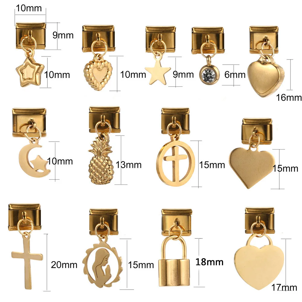 Stars Cross Heart Moon Crown CZ Pendant Italian Charm Link Fit 9mm Bracelet Stainless Steel Jewelry Making Birthday Gifts