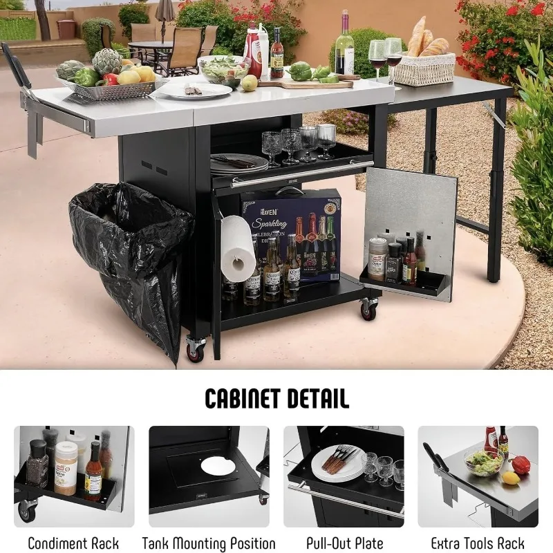 Removable BBQ Grill with Cabinets Outdoor Kitchen Foldable Side Table Stainless Steel Countertop Cart 4