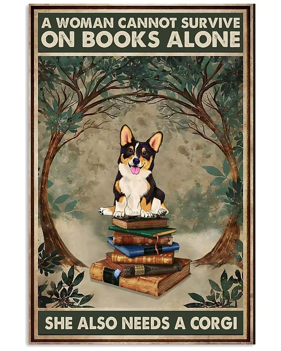 Love Tricolor Corgi and Books Retro Metal Tin Signs Vintage Aluminum Sign For Home Room Metal Decor 8x12 Inch