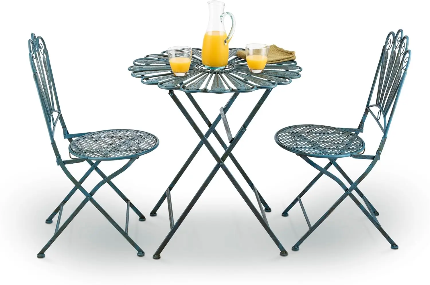 Alpine-Pavão Pena Pátio Assentos Set, Rústico Metal Bistro Set, interior e exterior, Luz Azul, 3 PCs