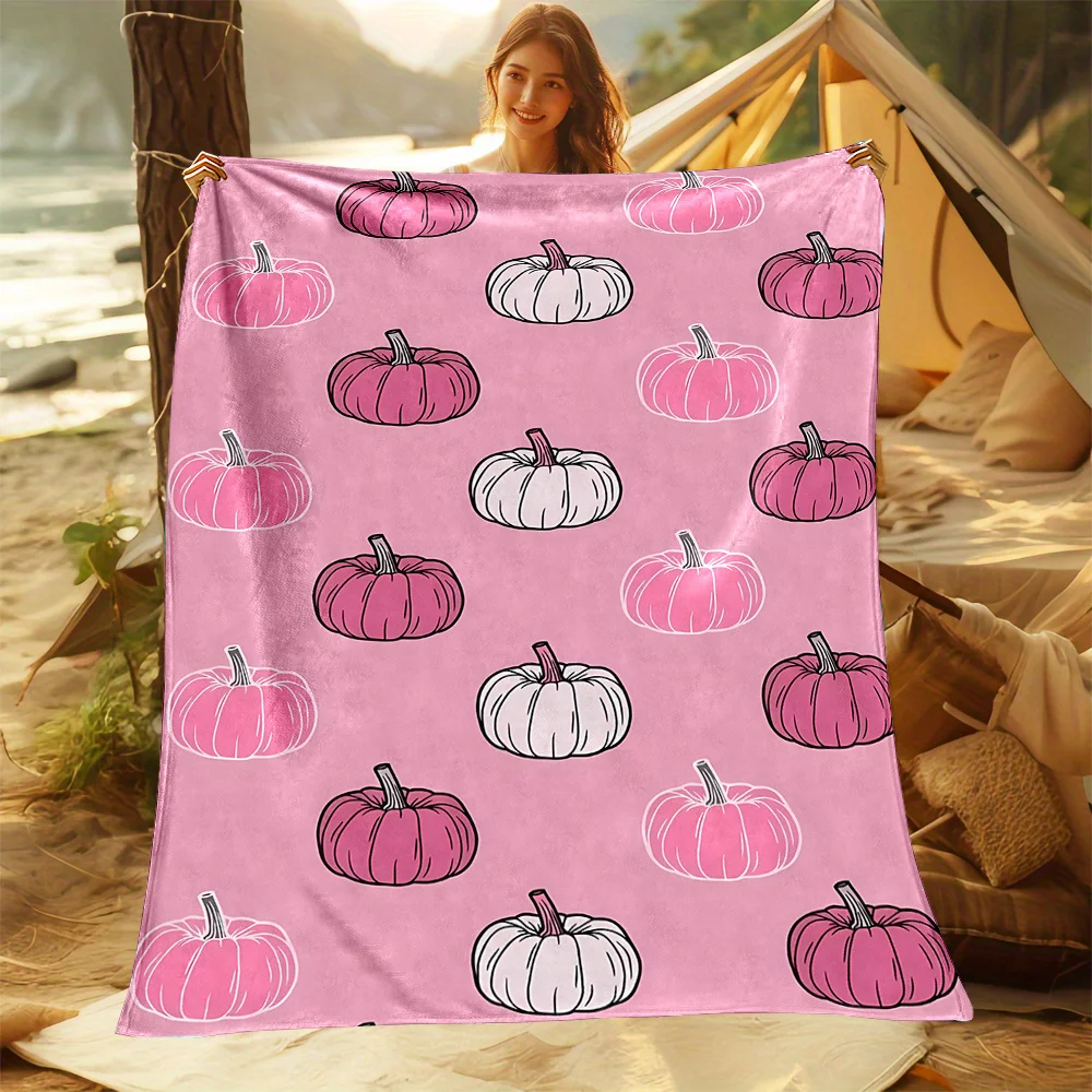 

[Cozy Pumpkin Blanket] Soft & Cozy Pink Pumpkin Print Flannel Throw Blanket - Reversible Design, All-Season Comfort for Bed, Sof