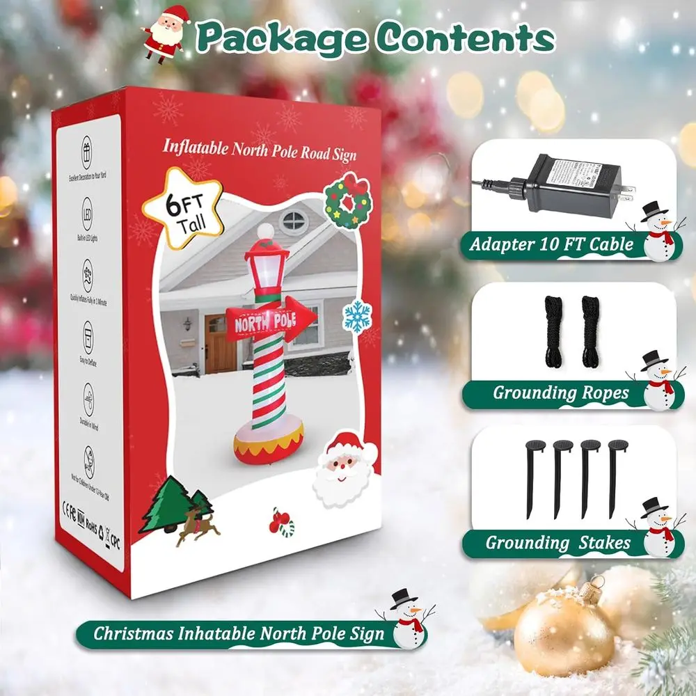 علامة القطب الشمالي سانتا كلوز بطول 6 أقدام مع أضواء LED، قابلة للنفخ في الهواء الطلق لعيد الميلاد لتزيين ساحة الحديقة