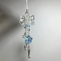 Korea Cute Clear Bow Blue Star Beaded Phone Chain Charm Lanyard For iPhone Samsung Huawei Universal Accessories Jewelry Pendant