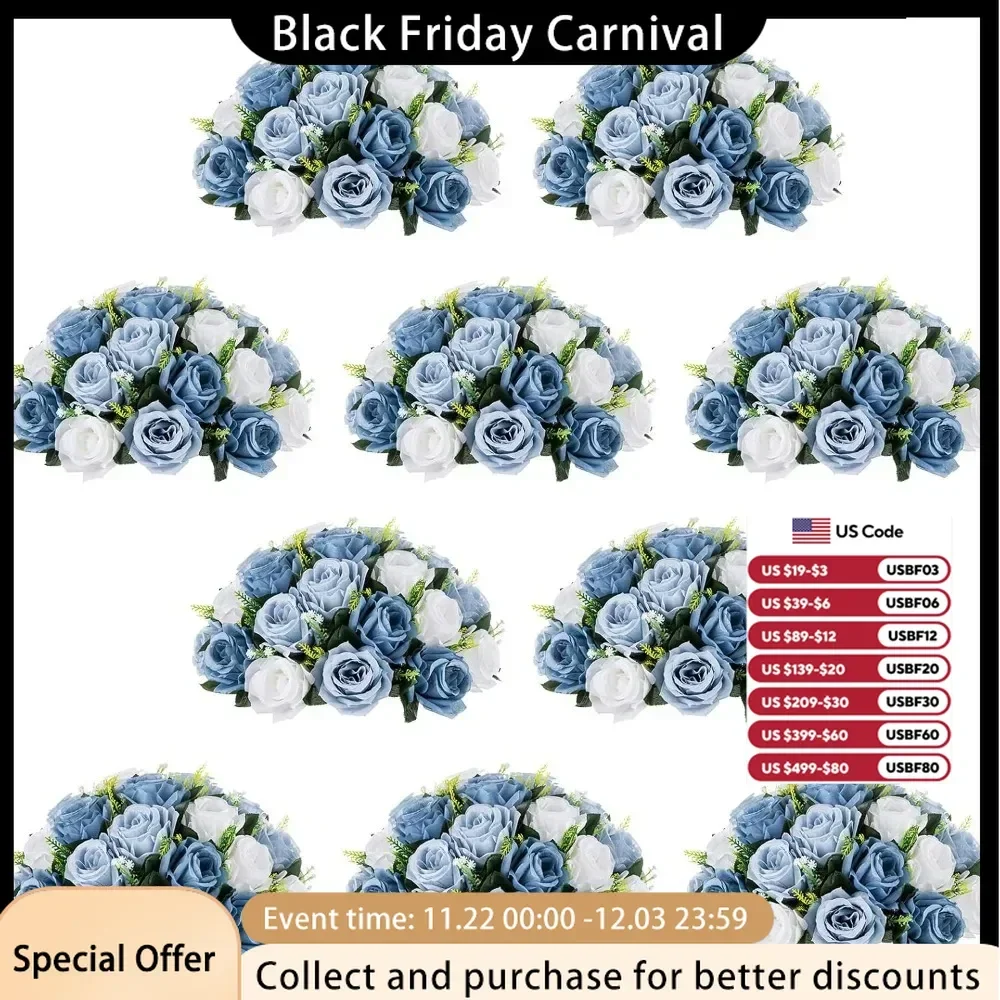 Wedding Artificial Flower Decorations, 10 Pieces of 13.8 Inch Diameter Blue and White Silk Fake Rose Dining Table Decorations