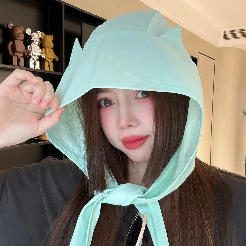

Versatile Korean Style Little Devil Horn Headscarf Solid Color Sun Cap Strap Hat Quick-drying Sunscreen Hat Beanie Cap Men