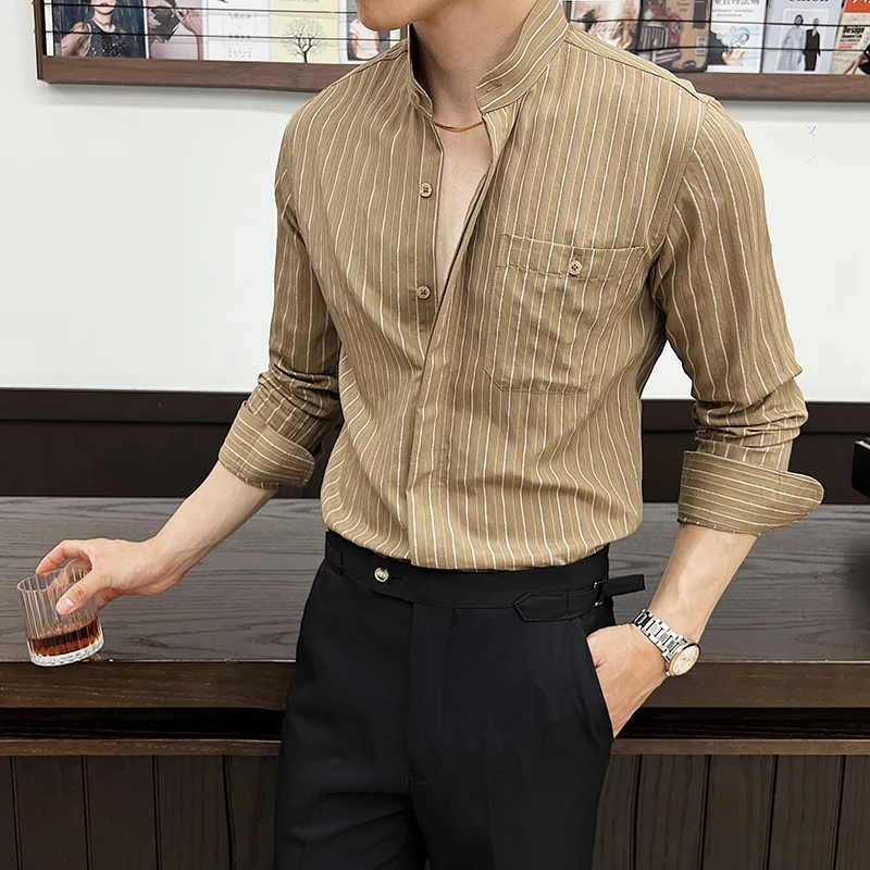 

Chinese Stand Collar Vintage Stripe Shirts Men Pockets Designer High Quality Breathable Men's Dress Long Sleeve Shirt Spring New